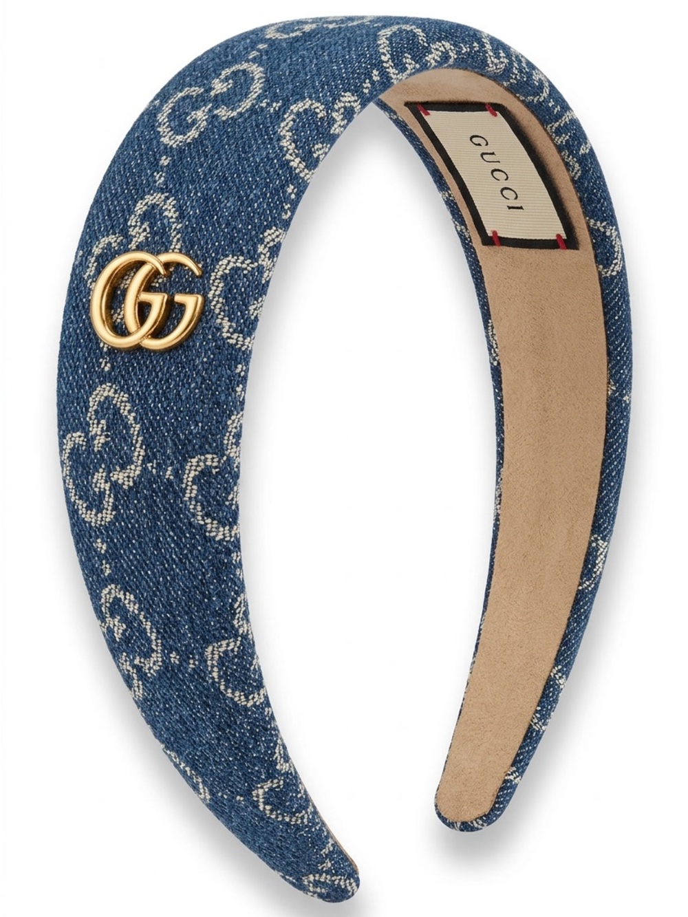 Blue GG Denim Padded Headband with Gold Double G Accent
